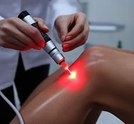 Paciente recebendo laserterapia em sua perna para alivio de dores 